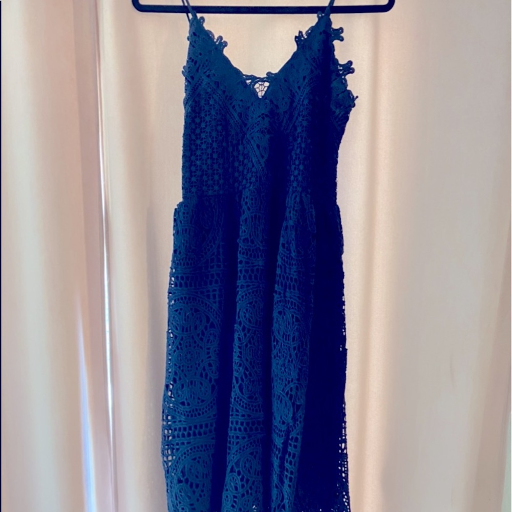 Lace Cutwork Navy MIDI Dress Sexy Chic Classy Sz L Bardot Inspired